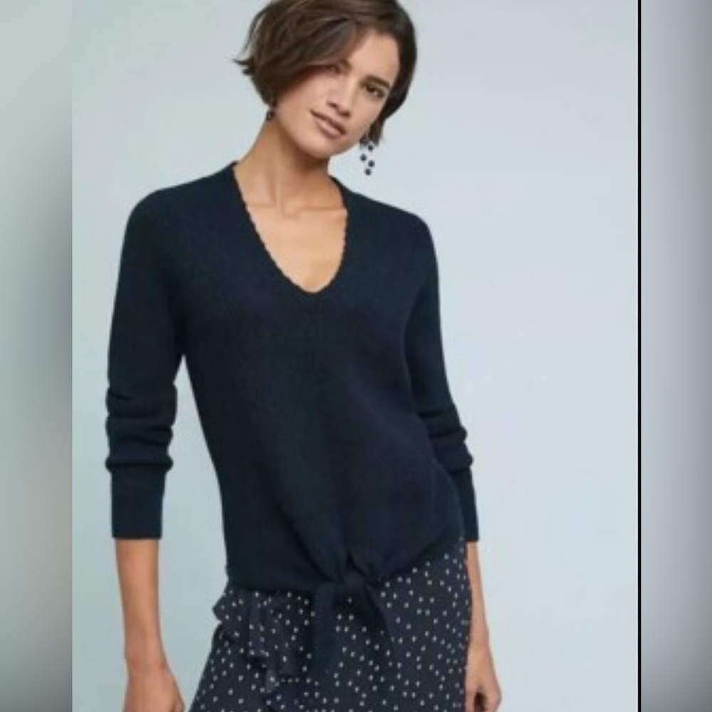 Moth by Anthropologie Navy Ribbed Front Tie Sweater Casual Cozy Women’s Small